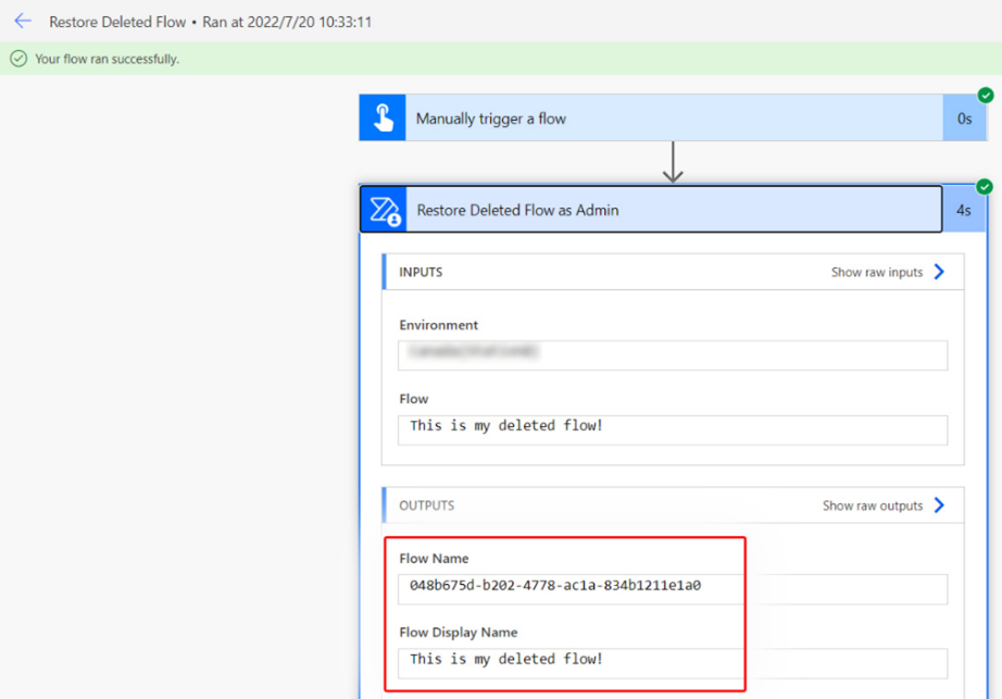 Screenshot of a successfully run flow.
