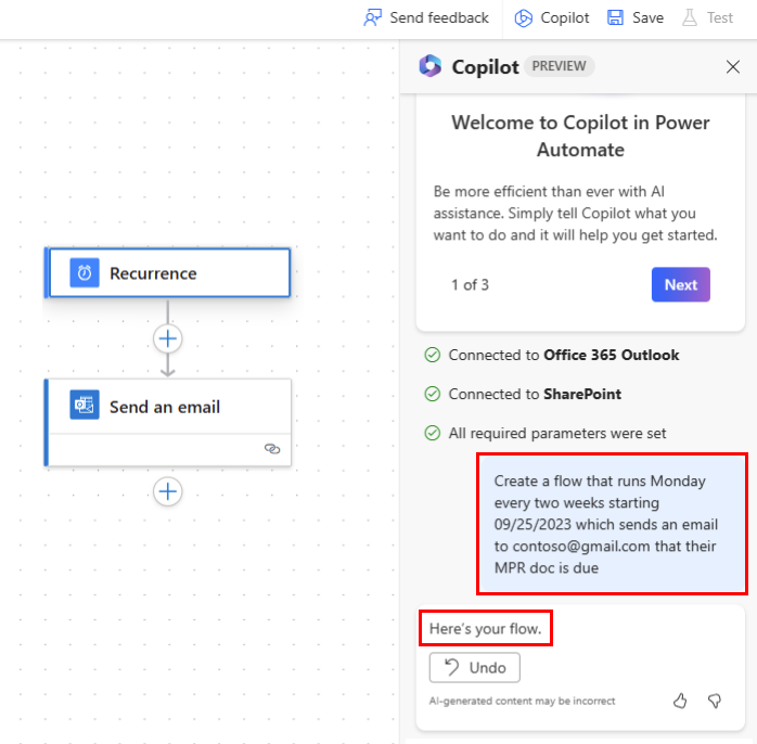 Screenshot of a prompt to create a scheduled flow in the Copilot pane.