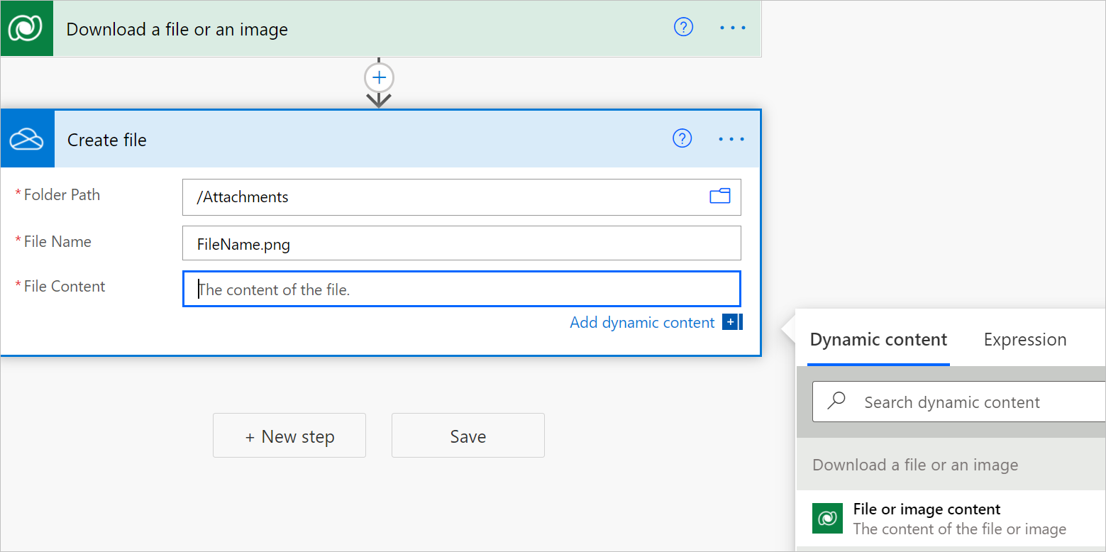 Use dynamic content in Create file action.