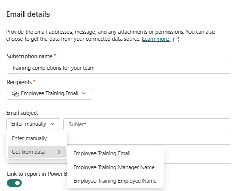 Screenshot of the Power BI service showing dynamic parameter options on the Email details window.