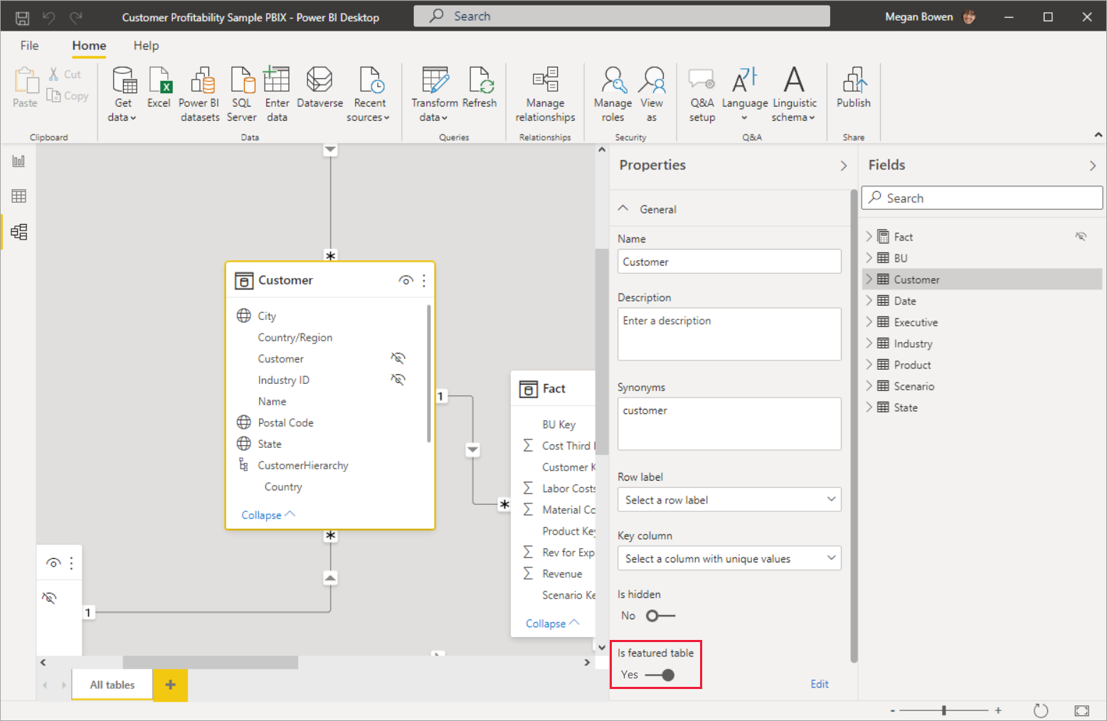 Screenshot that highlights the Is feature table option.