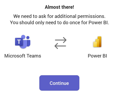 Screenshot showing pop-up screen for multifactor authentication in the Power BI app for Teams.