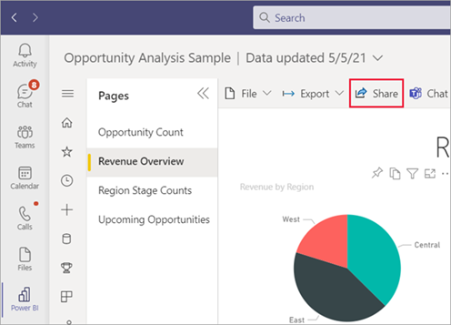 Screenshot of the Opportunity Analysis Sample report in the Microsoft Teams app with the Revenue Overview displayed and Share option selected.