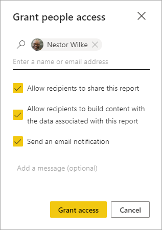 Screenshot of Grant people report access dialog.