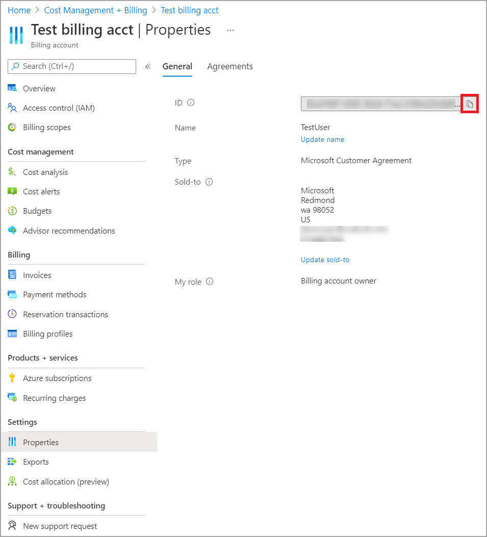 Screenshot of Cost management billing profile