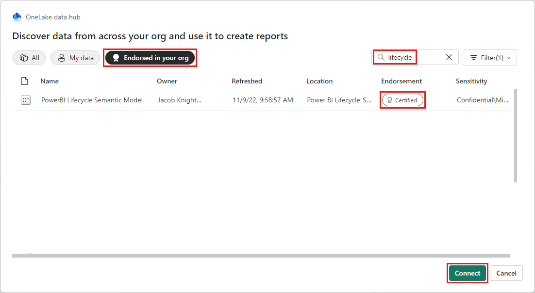 Screenshot that shows the list of available semantic models.