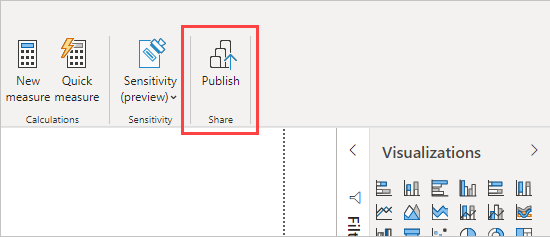 Screenshot shows the Publish button in Power BI Desktop.