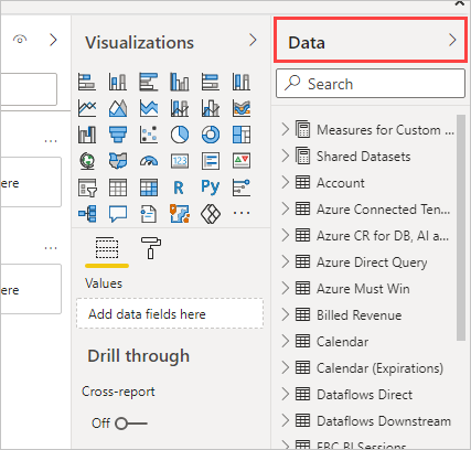 Screenshot that shows semantic model fields in the Data pane.