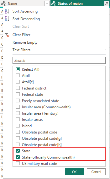 Screenshot of Power Query Editor showing a column filter with only the State value selected.