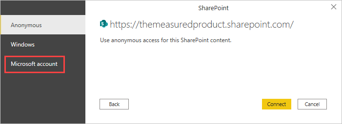 Screenshot that shows choose Microsoft account