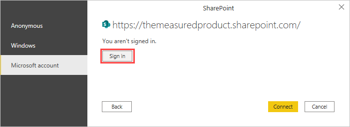 Screenshot that shows the sign in button to access SharePoint.