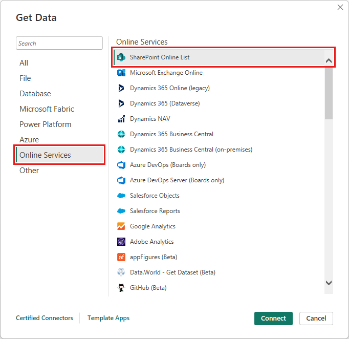 Screenshot shows the Get Data dialog box with Online Services and SharePoint Online list selected.