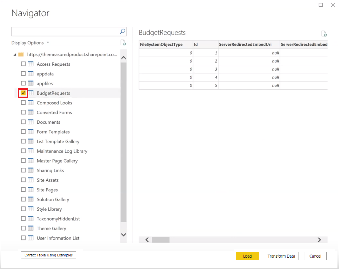 Screenshot that shows the Navigator page with BudgetRequests selected.