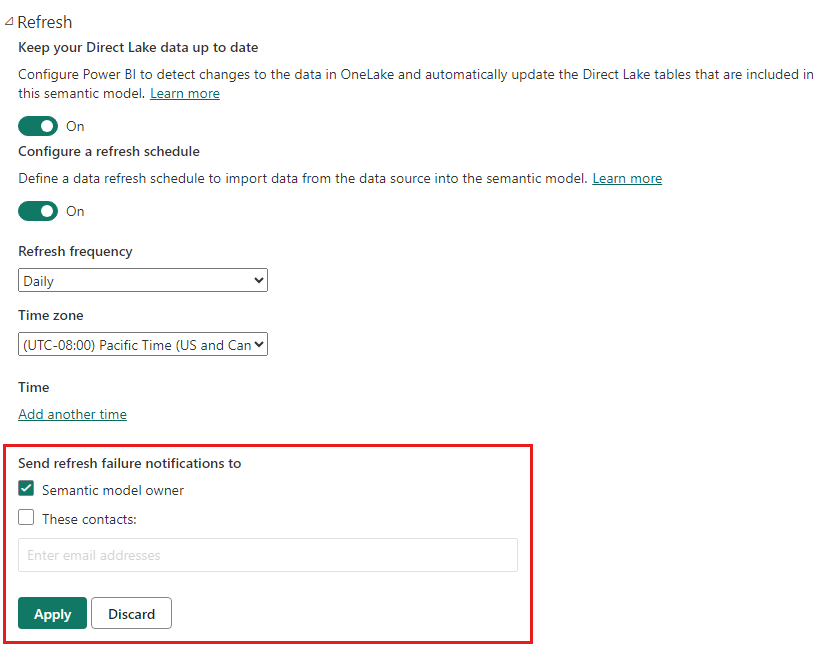 Screenshot of the section in the semantic model settings for changing Power BI email refresh notifications.