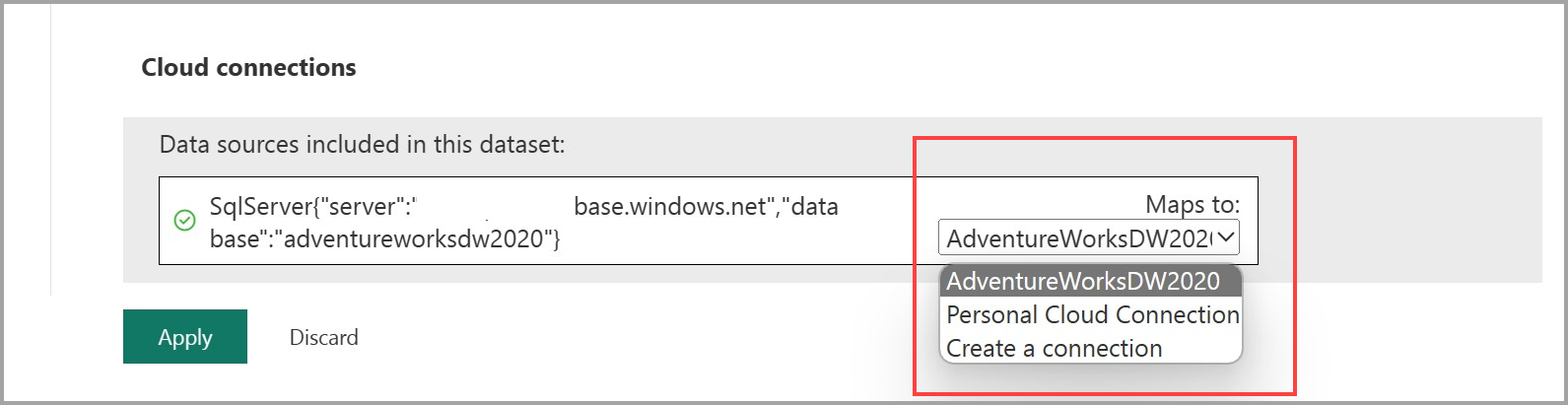 Screenshot of selecting a shareable cloud connection for a semantic model.