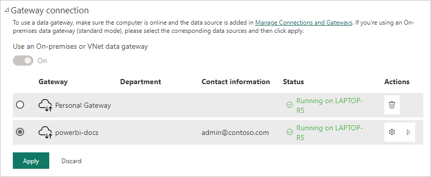 Screenshot of selecting the on-premises gateway to use for scheduled refresh.