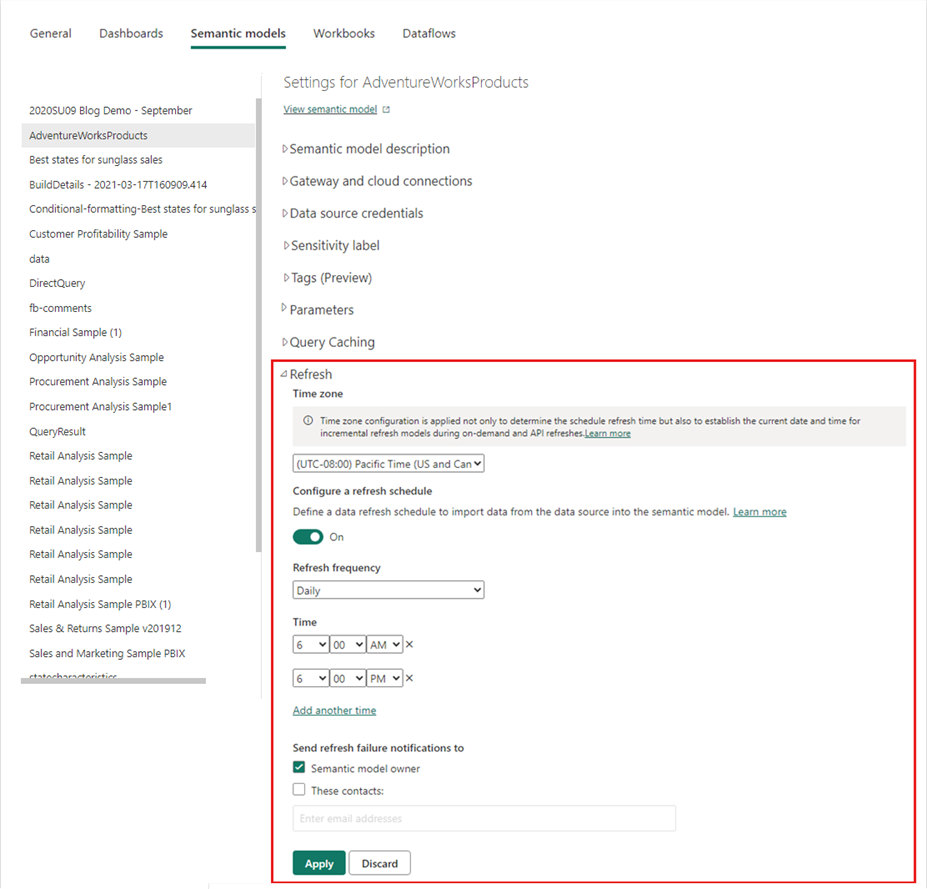 Screenshot that shows configuring scheduled refresh.