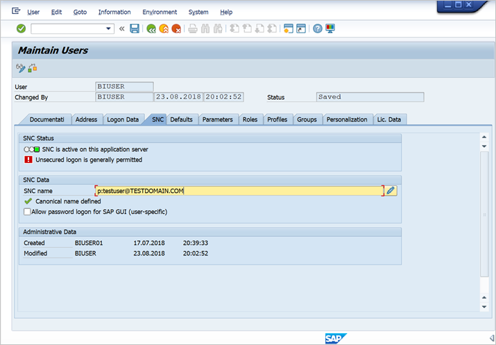 SAP BW Maintain users screen