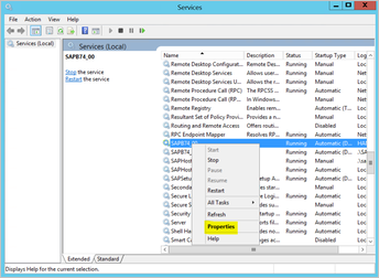 Screenshot of Services, with Properties highlighted