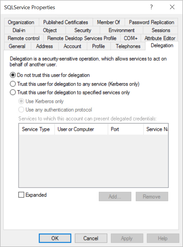 SQL service properties