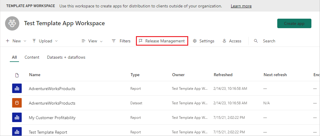 Screenshot that shows Release Management in the template workspace.