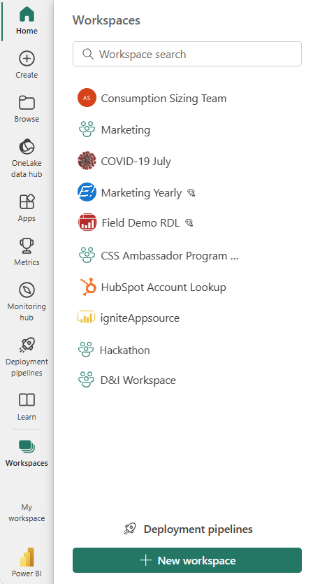 A screenshot of Workspaces in the navigation pane.