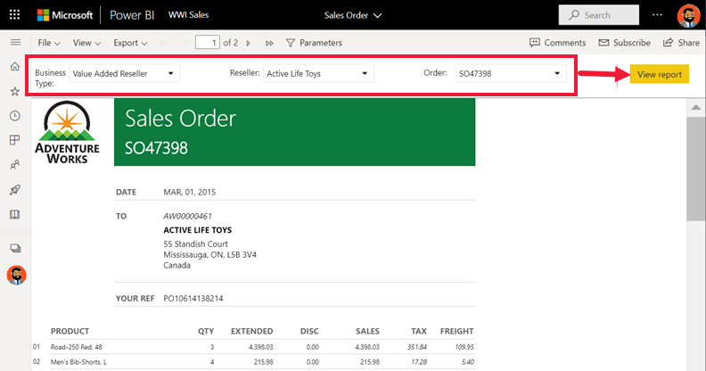 Screenshot showing the report with three parameters.