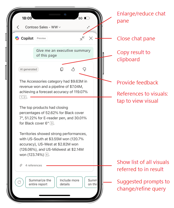 Screenshot explaining the features of the Copilot in Power BI Mobile chat pane.