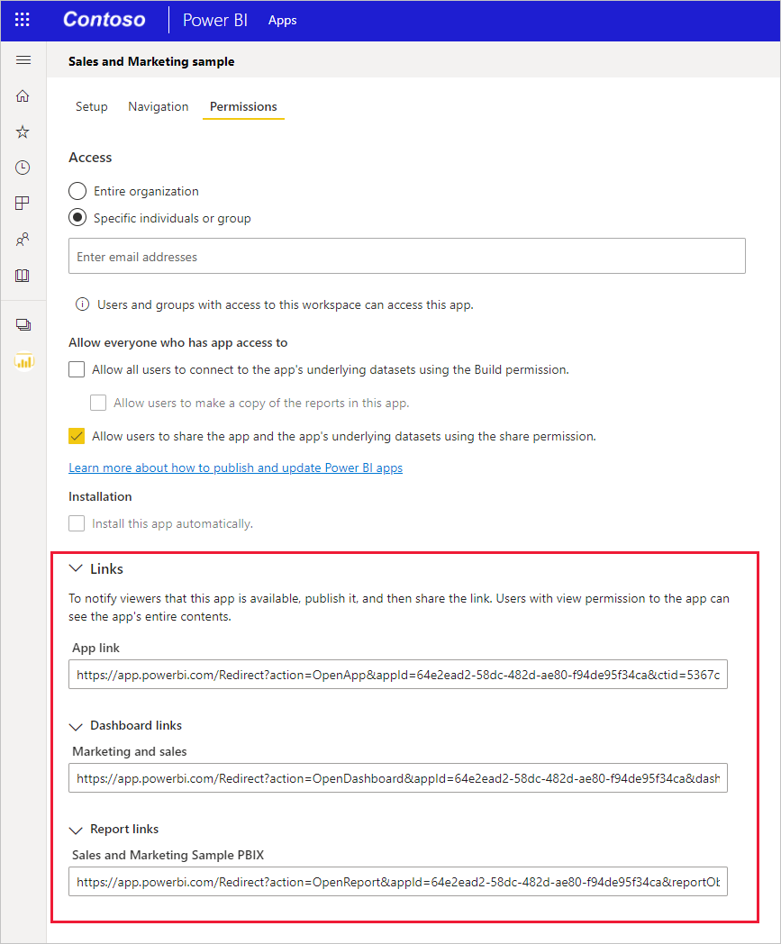 Screenshot of Power BI publish app links highlighted.