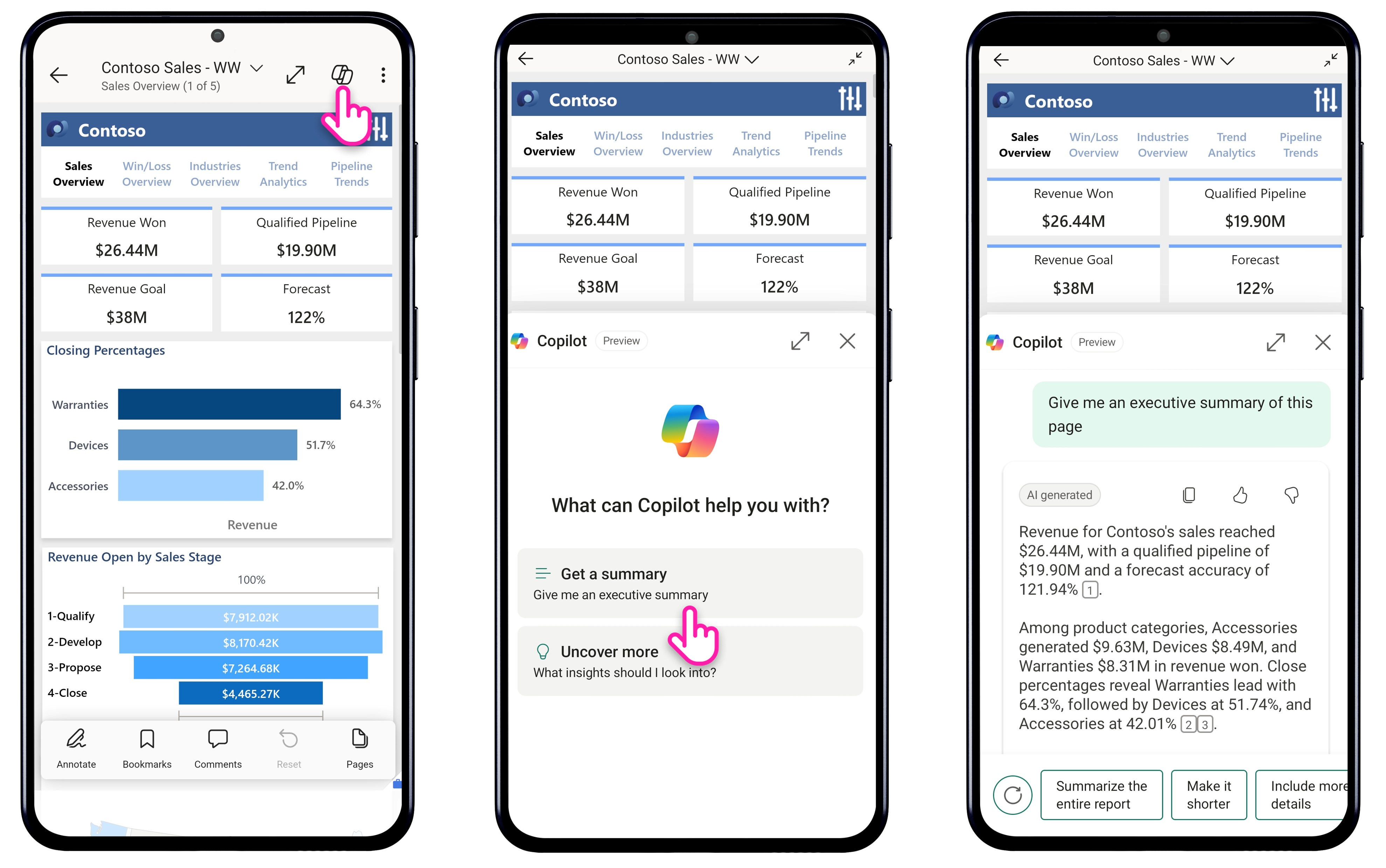 Screenshot illustrating how to use Copilot in the Power BI mobile apps.