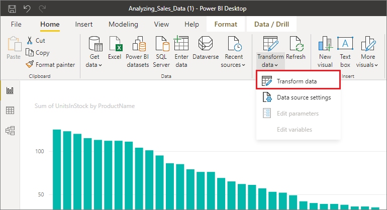 Screenshot of the Power BI Desktop with Transform data highlighted.