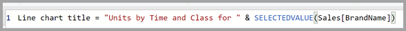 Screenshot showing the DAX formula: Line chart title = "Units by Time and Class for " & SELECTEDVALUE(Sales[BrandName]).
