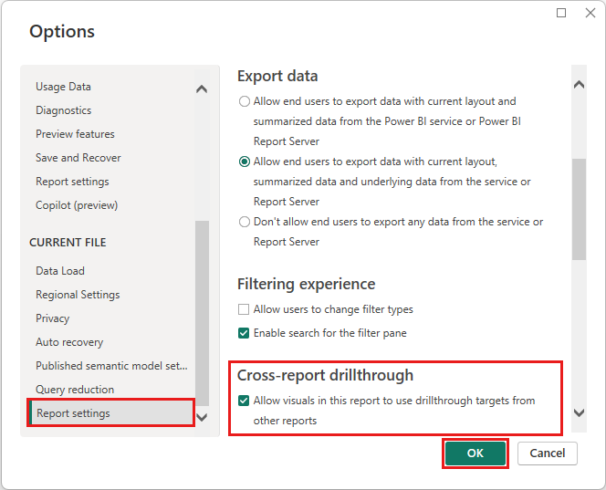 Screenshot showing enabling cross-report drillthrough in Power B I Desktop.