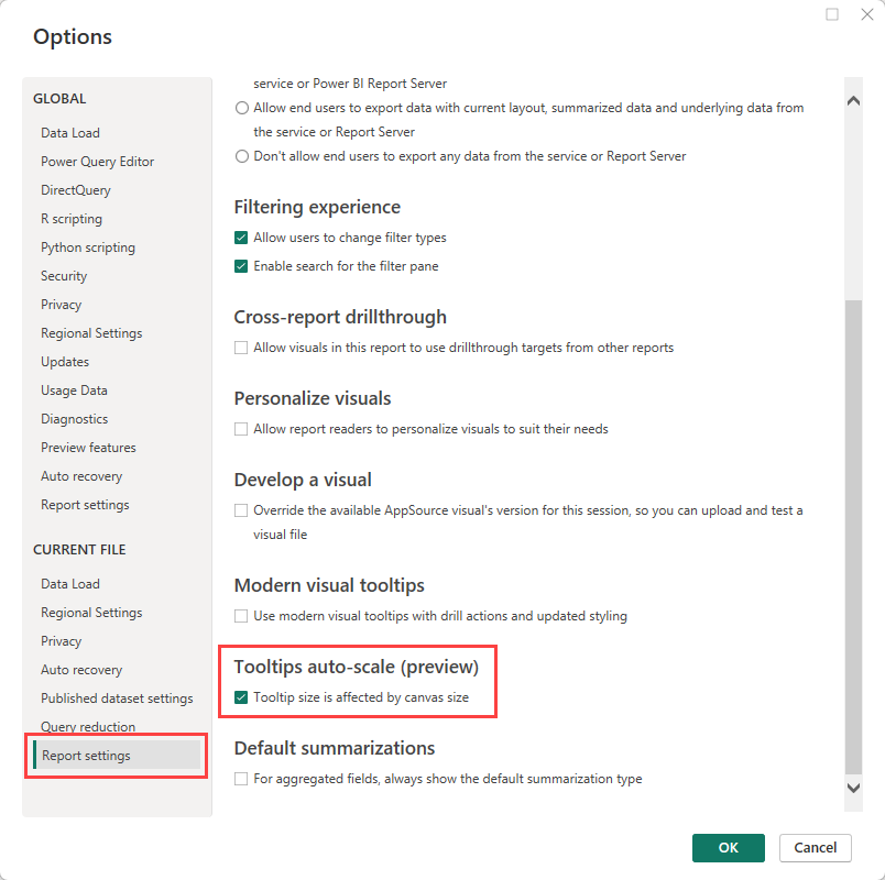 Screenshot showing Tooltip size is affected by canvas size checkbox in Power BI Desktop.