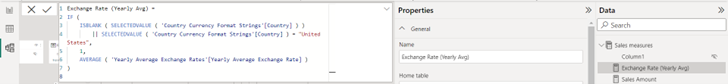 Screenshot of Exchange rate dax formula in DAX editor.