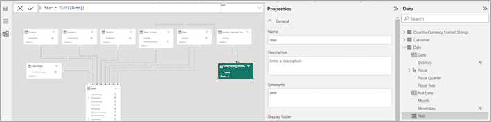 Screenshot of Year formula in DAX formula bar.