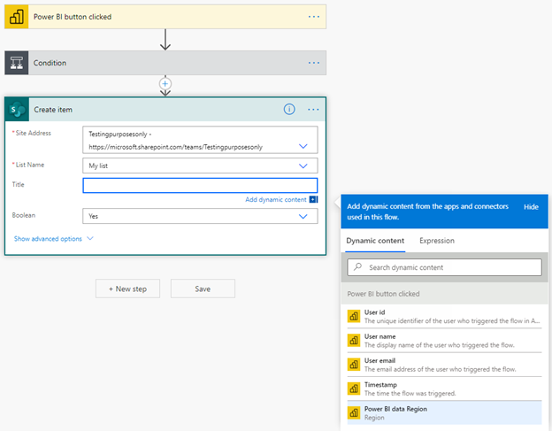 Screenshot shows Add dynamic content for the flow.