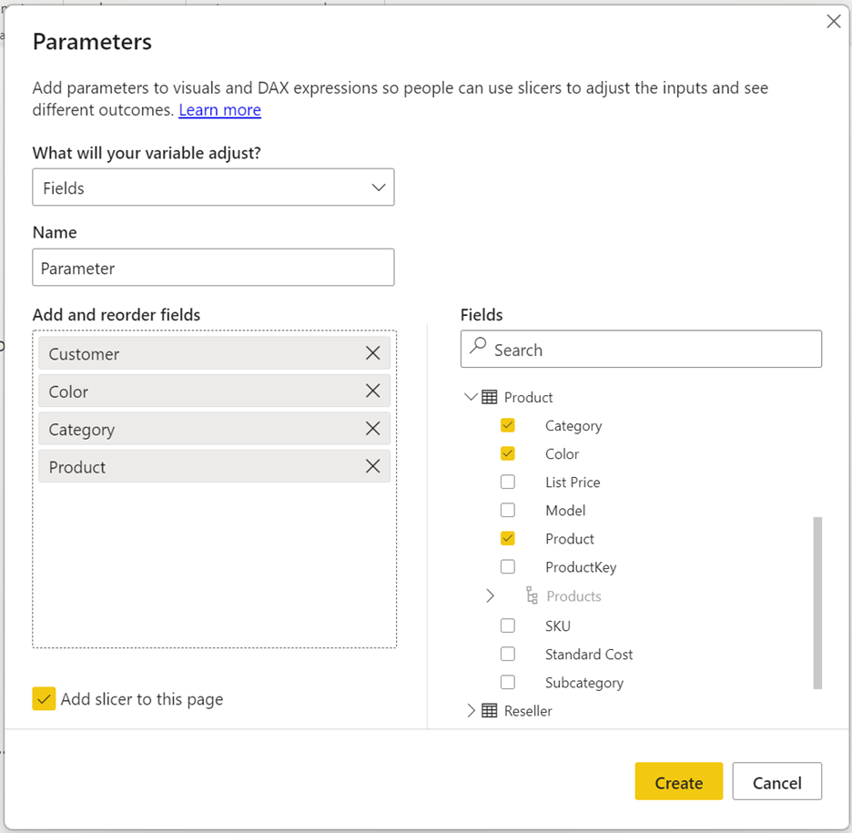 Screenshot of the Parameters dialog, showing customer, color, category, and product selections.