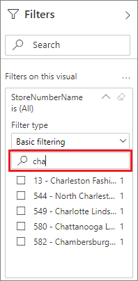 Screenshot of the Filters pane, highlighting an example filter search.