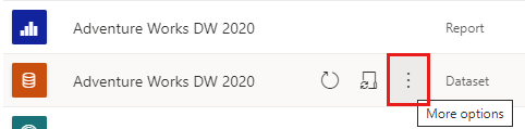 A screenshot of the Power BI workspace content view with 'More options' button highlighted on a semantic model.
