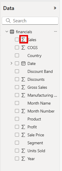 Screenshot of the Data pane, showing Excel columns as fields in the financials table.