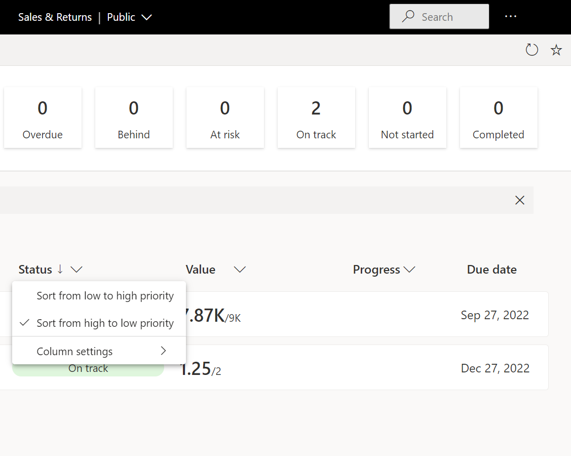 Screenshot of A view of how you can sort the status column by ascending or descending priority.