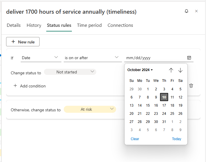 Screenshot Showing date picker for date driven rule.