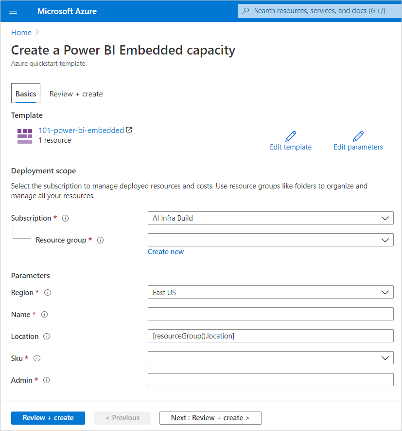 Screenshot shows the Basics tab of the Create a Power B I Embedded capacity page to create new capacity in the Azure portal.