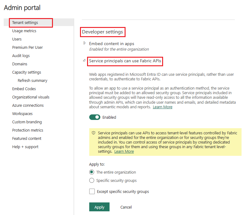 A screenshot showing how to enable the developer settings option, in the tenant settings menu option, in Power B I service.