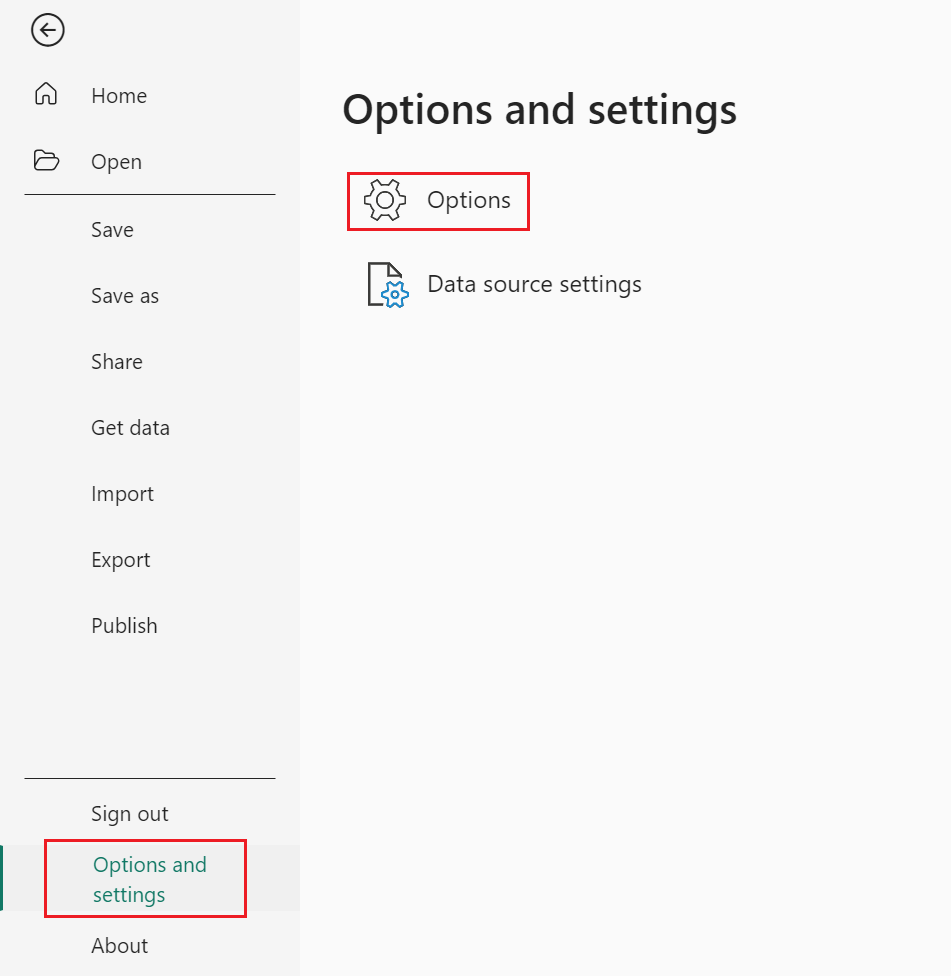 Screenshot of Options menu in the Power BI desktop.