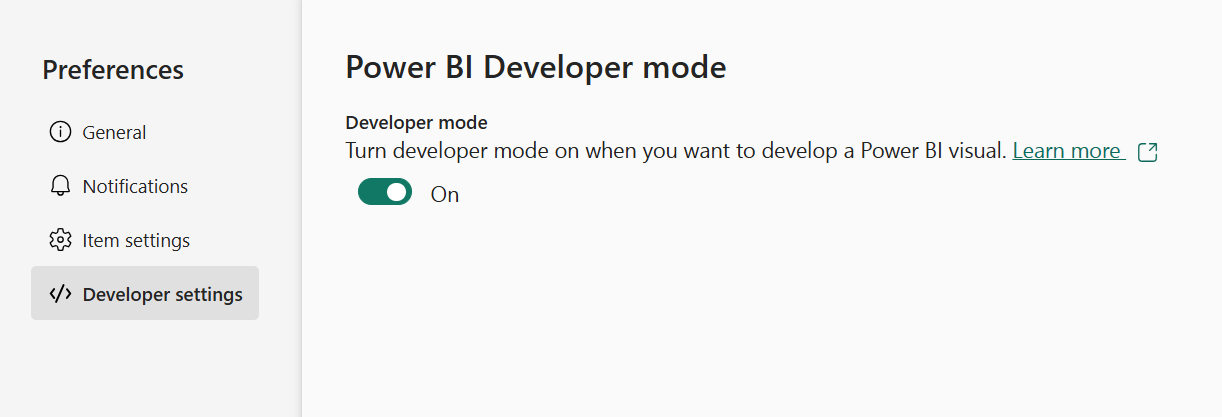 Screenshot of the enable developer mode, in the Power BI settings, Developer settings tab.