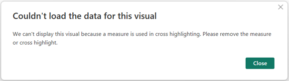 Screenshot of error message when validations are disabled and the fields aren't hierarchically related. The message says 'couldn't load data for this visual'.