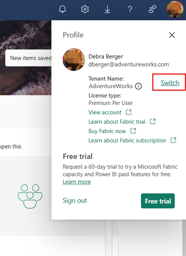 Screenshot of the tenant switcher link in the Fabric account manager pane.