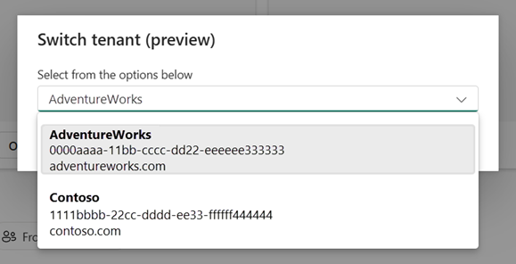 Screenshot of the tenant switcher selector where you can choose which tenant you want to switch to.